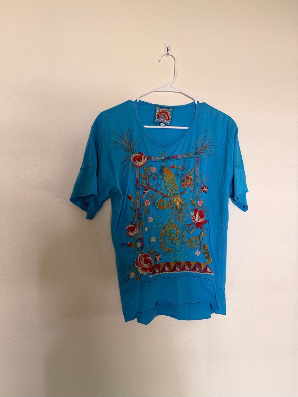 Johnny Was Turquoise Short Sleeve Tee with Multicolor Embroidery
